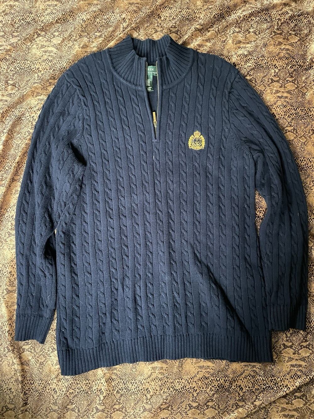 Lauren Ralph Lauren Sweater Classic Navy Cable Knit 1/4 Zip Crest 100% Cotton